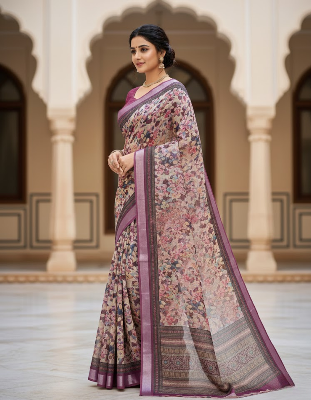 Linen Cotton Saree with Zari Weave Border & Floral Digital Prints