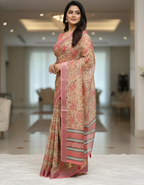 Linen Cotton Saree with Floral Digital Prints