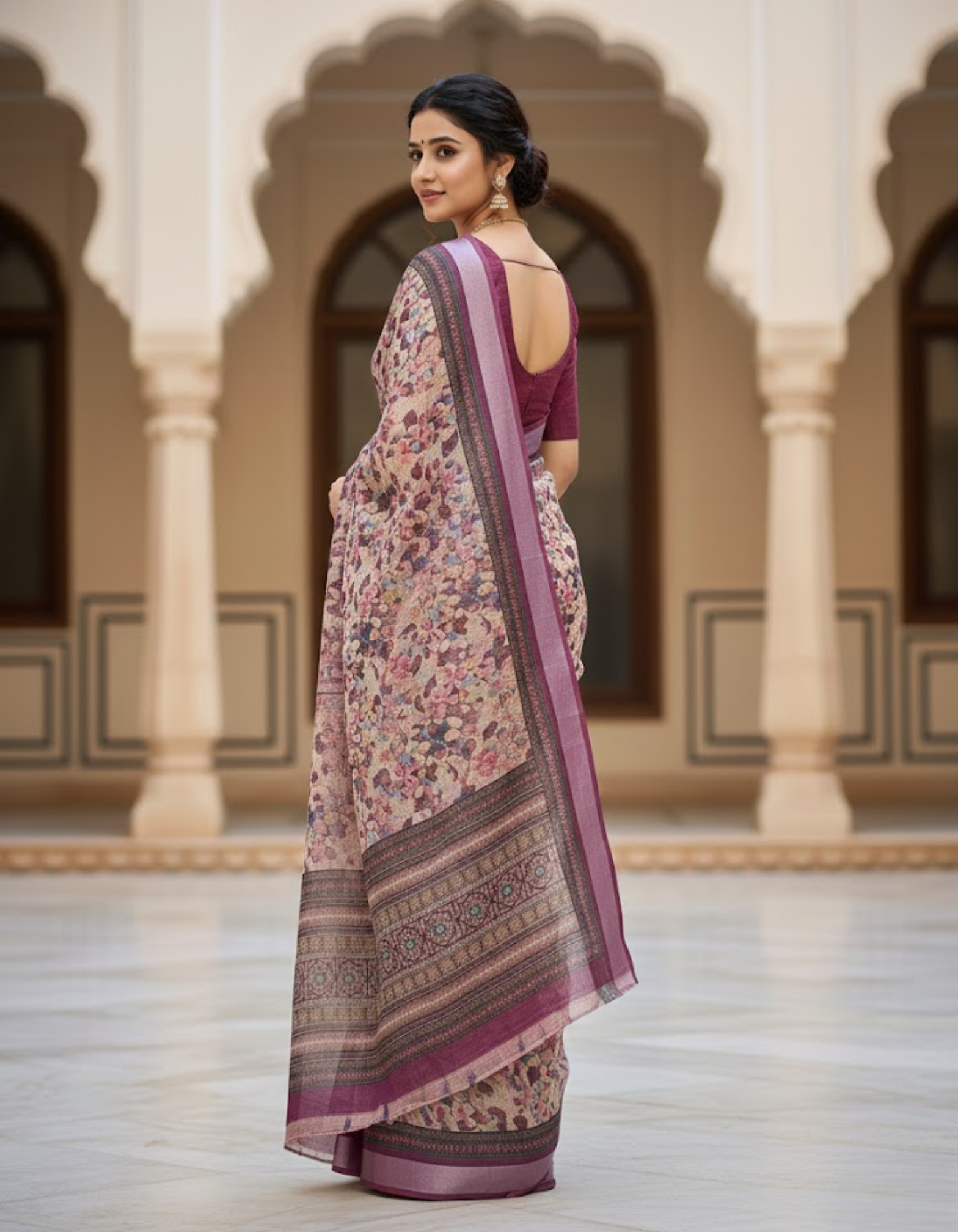 Linen Cotton Saree with Zari Weave Border & Floral Digital Prints