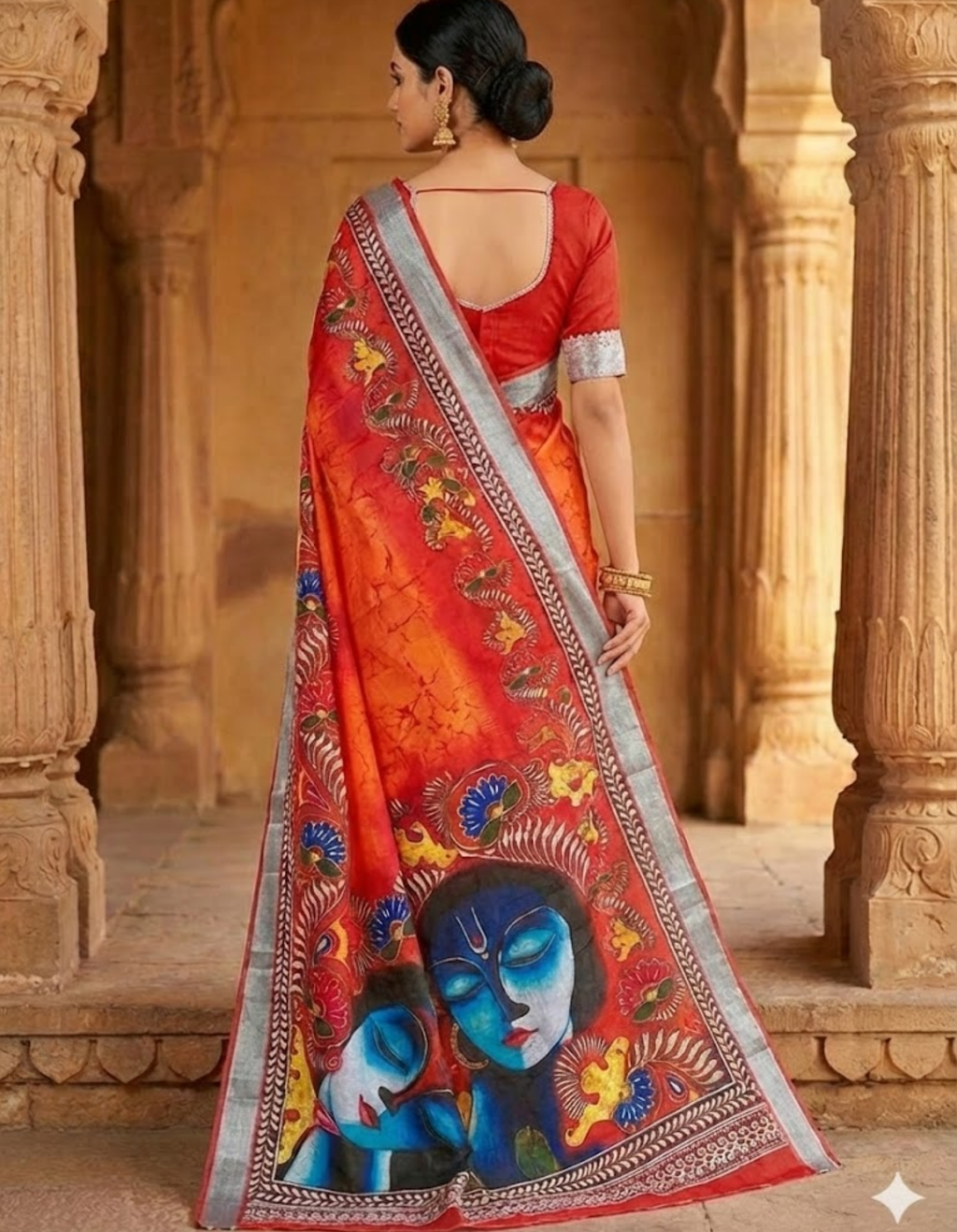 Soft Linen Cotton Saree with Batik Digital Prints & Silver Zari Border