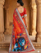 Soft Linen Cotton Saree with Batik Digital Prints & Silver Zari Border
