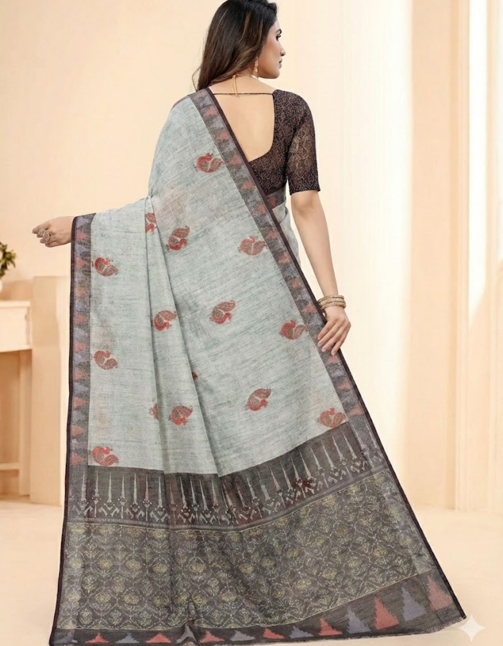 Soft Linen Cotton Saree with Animal Digital Prints & Silver Zari Border