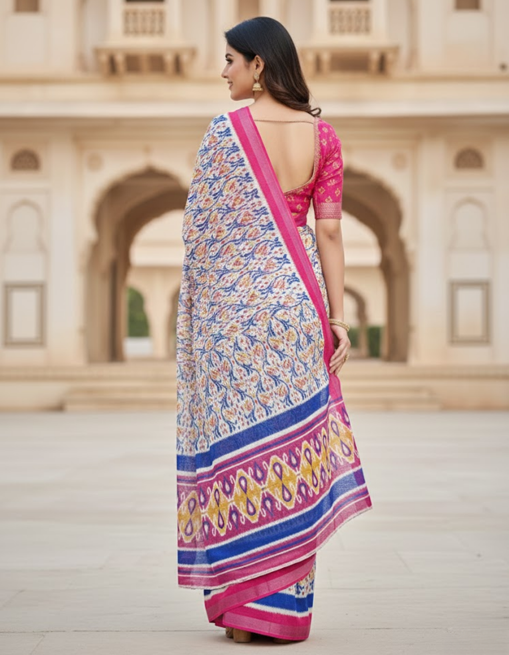 Soft Linen Cotton Saree with Ikkat Digital Prints & Silver Zari Border