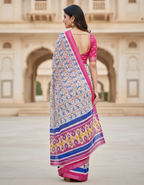 Soft Linen Cotton Saree with Ikkat Digital Prints & Silver Zari Border