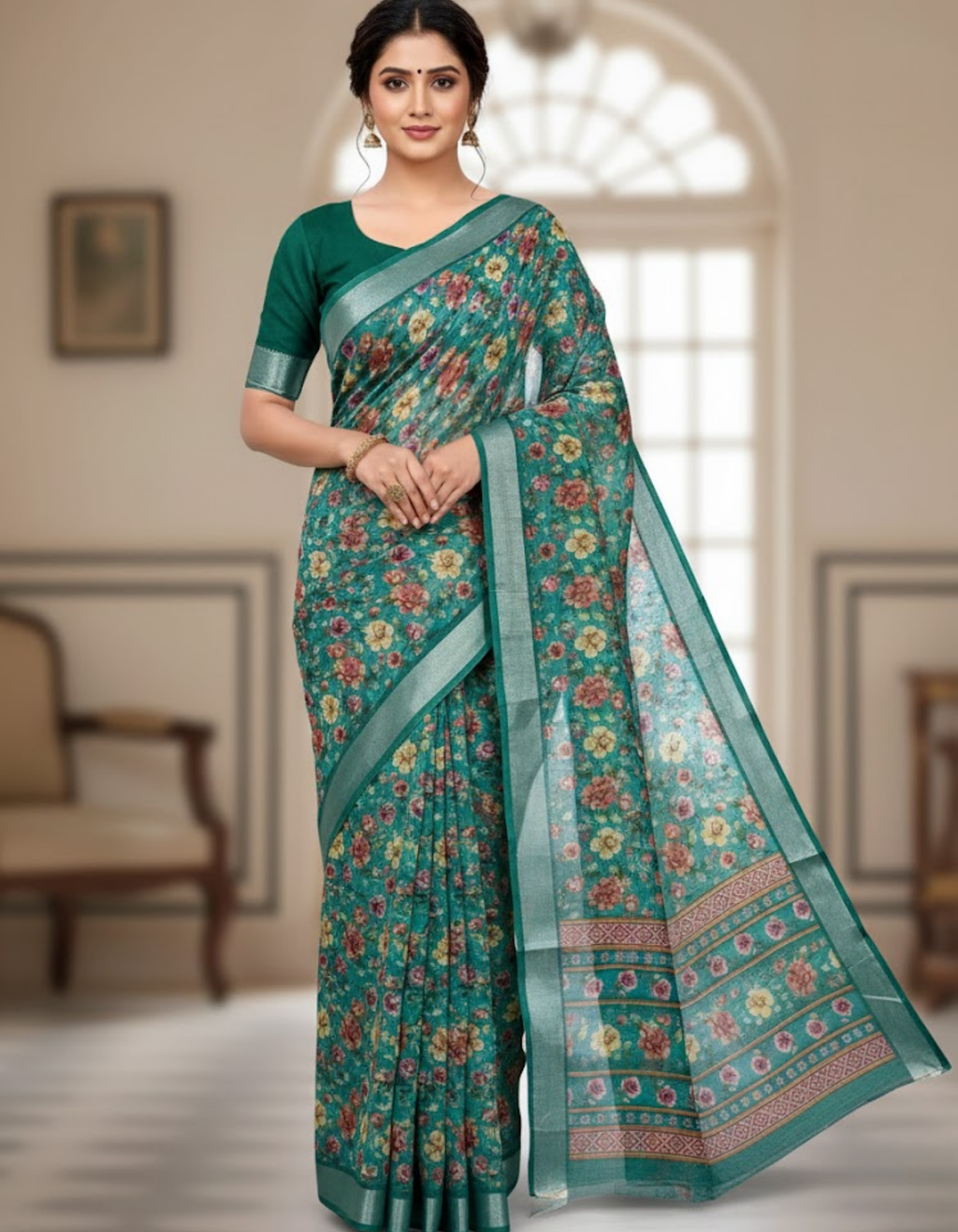 Linen Cotton Saree with Zari Weave Border & Floral Digital Prints