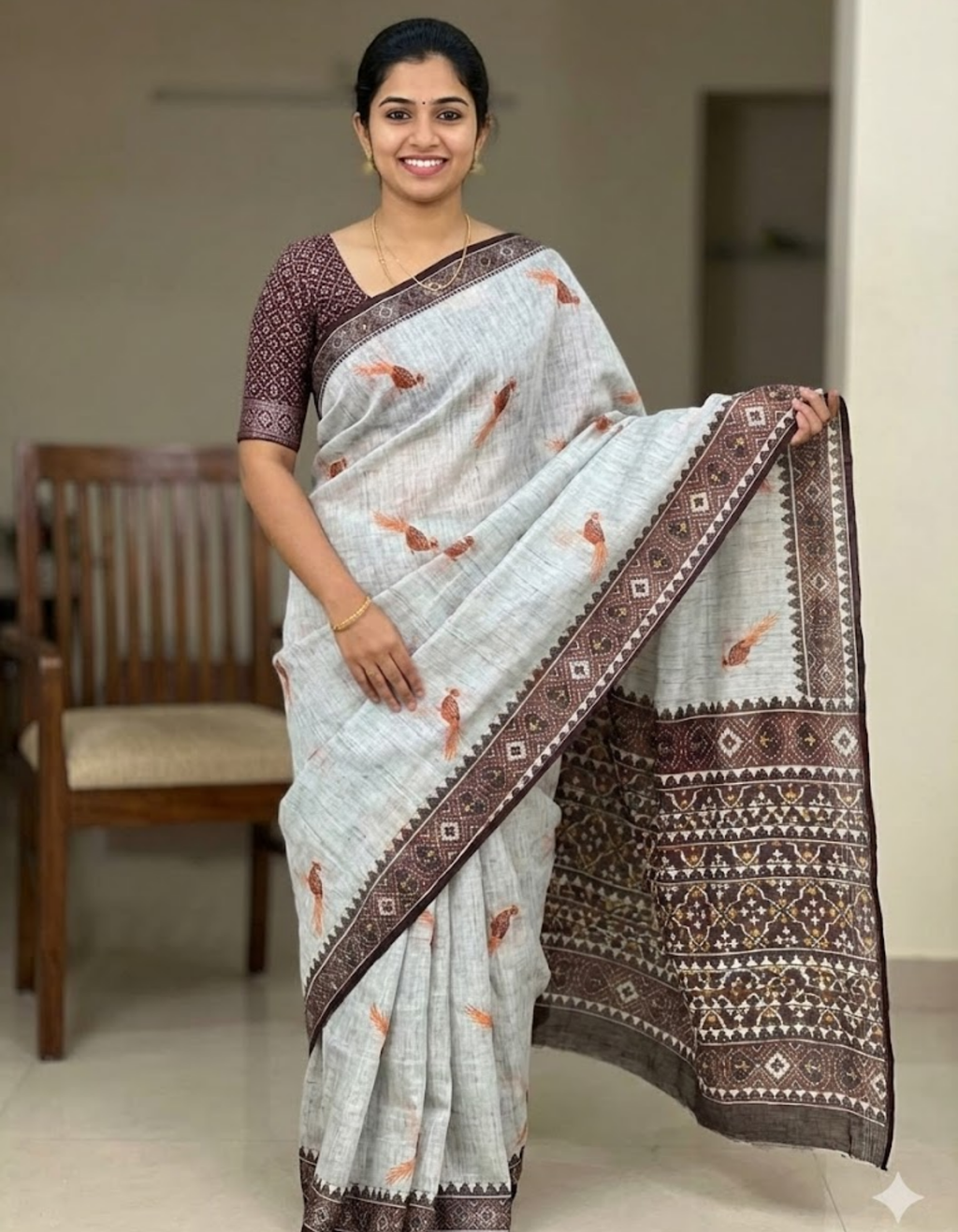 Soft Linen Cotton Saree with Animal Digital Prints & Silver Zari Border