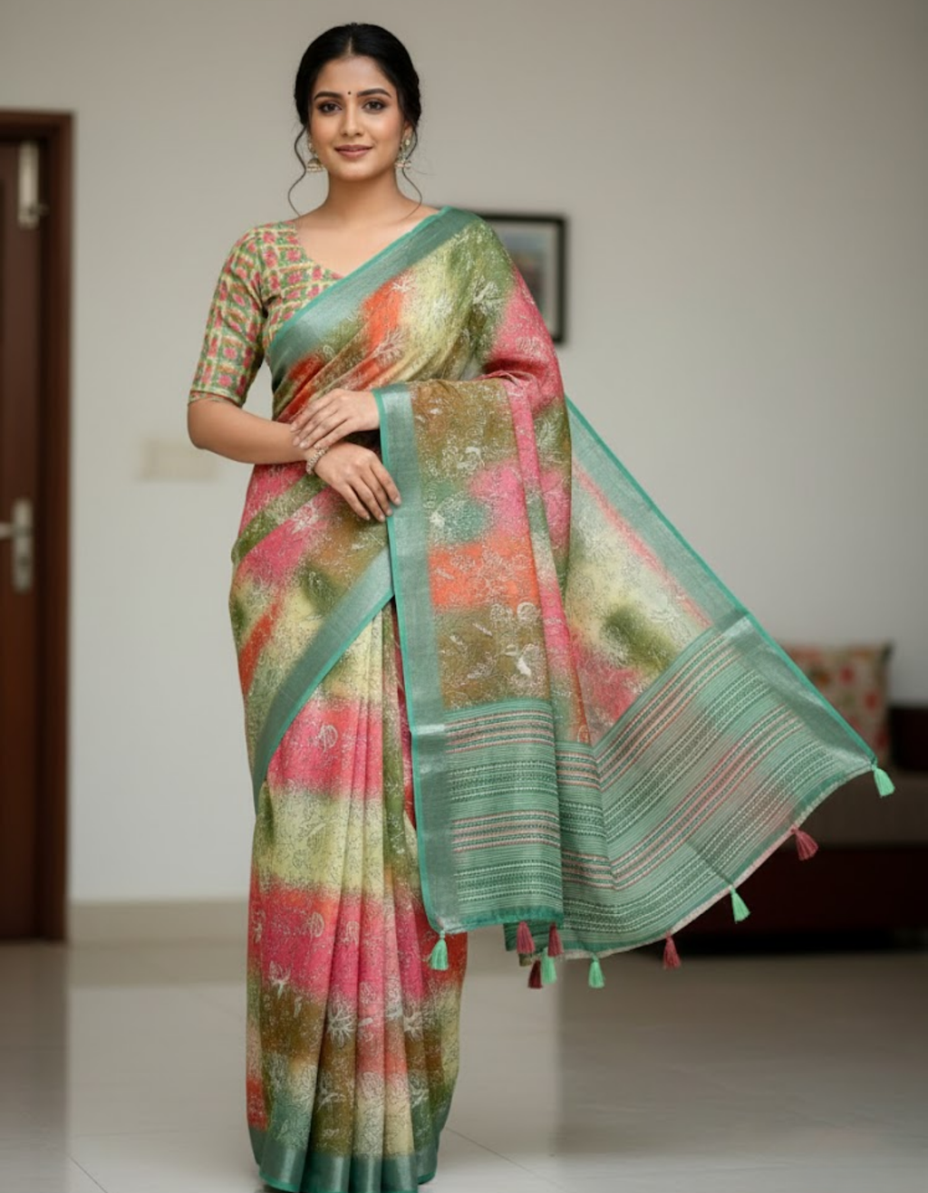 Linen Cotton Saree with Floral Digital Prints