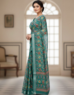 Linen Cotton Saree with Zari Weave Border & Floral Digital Prints