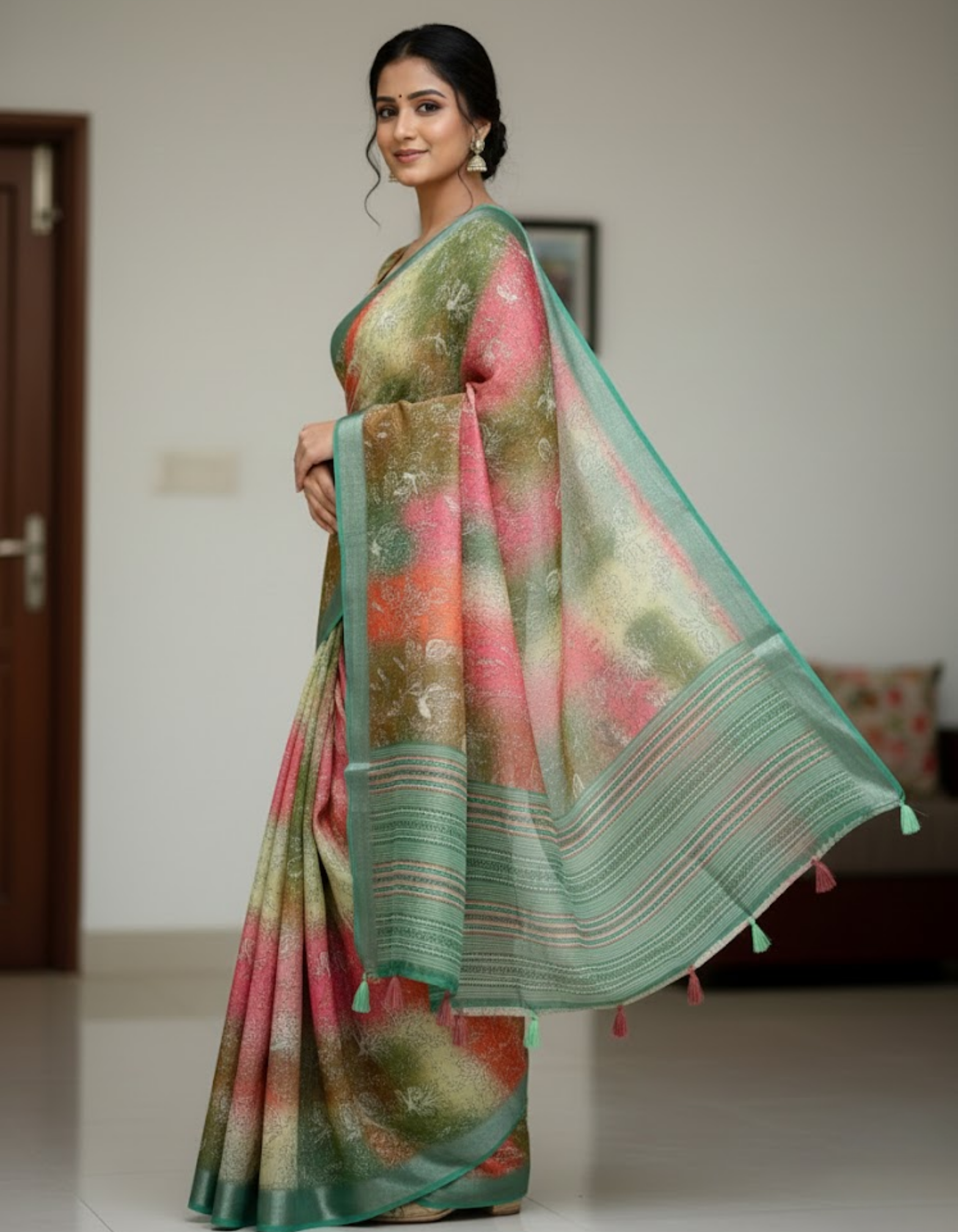 Linen Cotton Saree with Floral Digital Prints