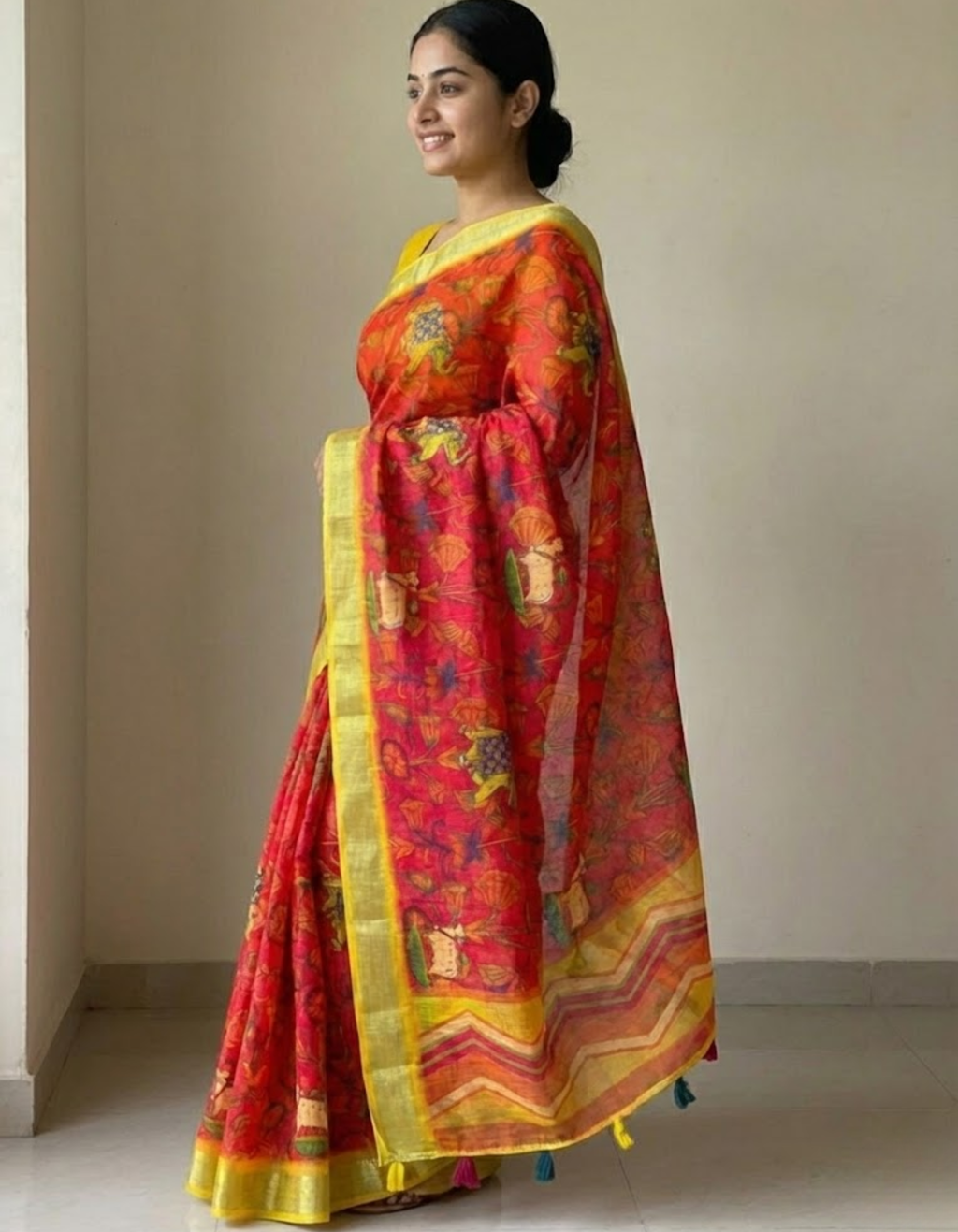 Linen Cotton Saree with Zari Weave Border & Pichwai Kalamkari Digital Prints