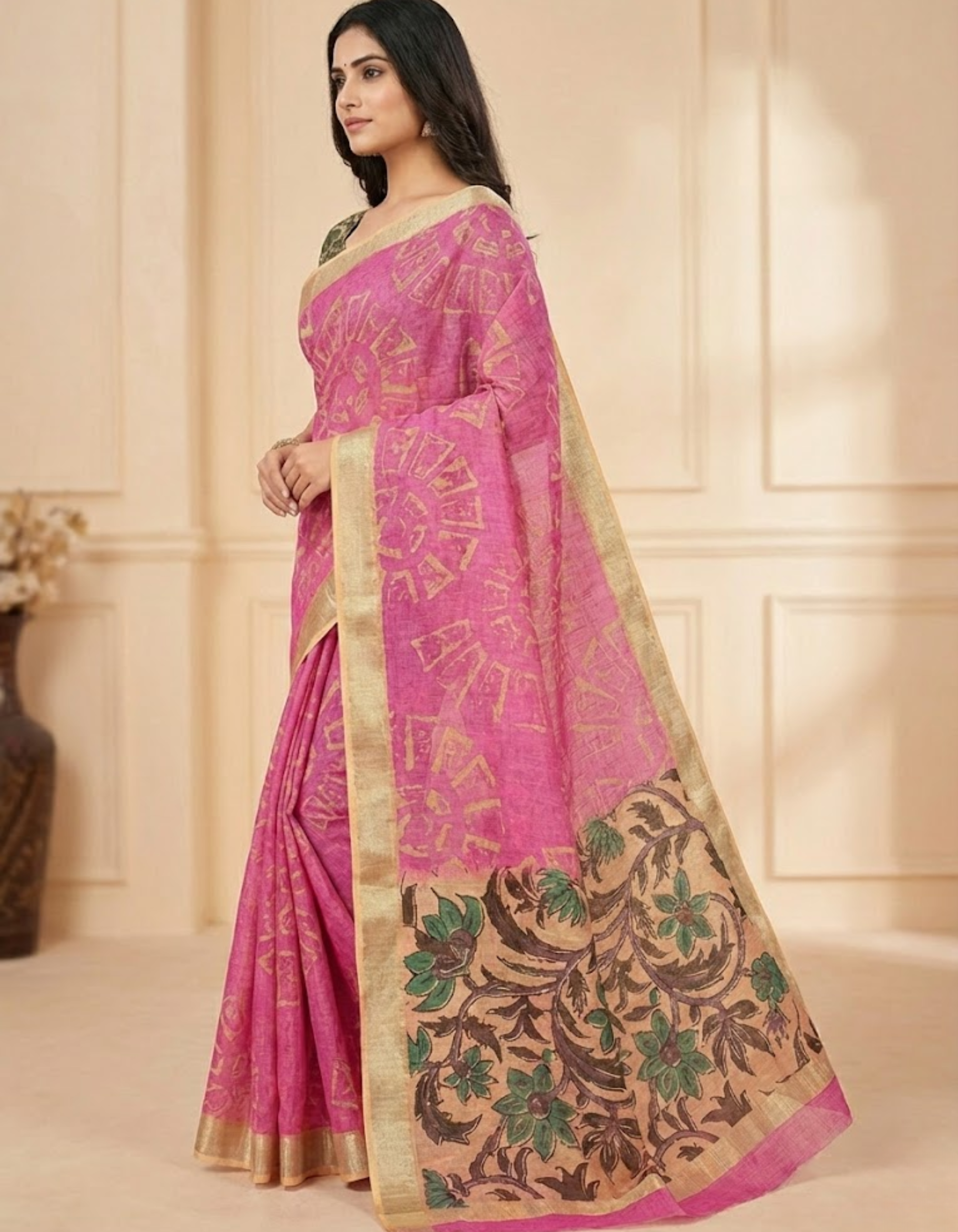 Pink Linen Cotton Saree with Silver Zari Border, Graphic Digital Print Body & Kalamkari Floral Pallu