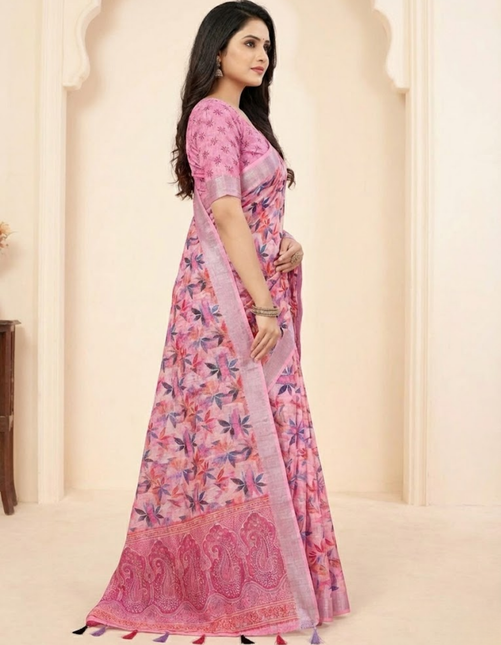 Multicolor Linen Cotton Saree with Floral Digital Prints