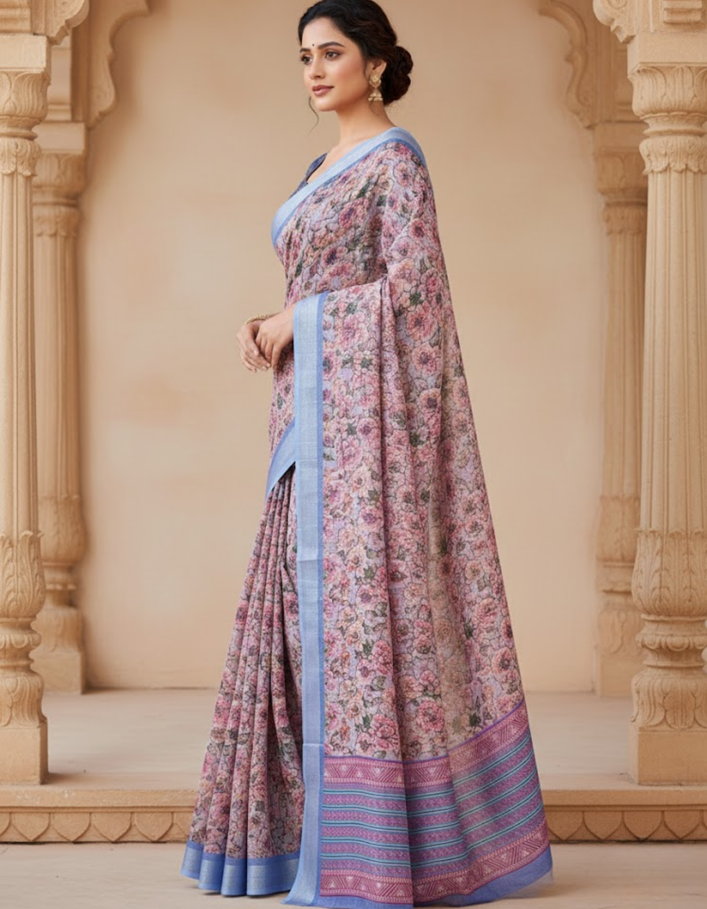Linen Cotton Saree with Zari Weave Border & Floral Digital Prints