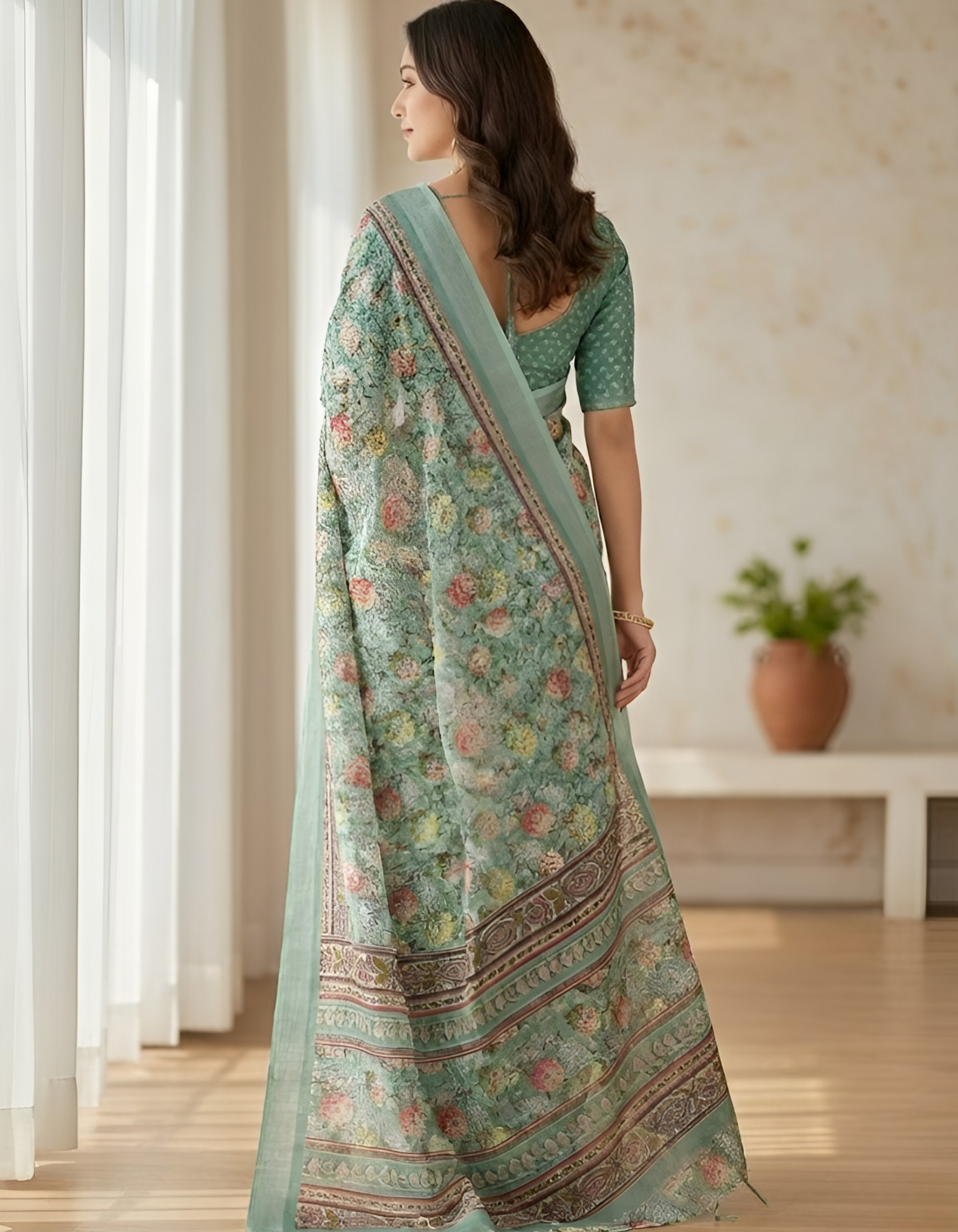 Linen Cotton Saree with Floral Digital Prints