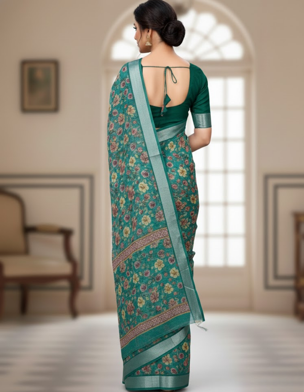 Linen Cotton Saree with Zari Weave Border & Floral Digital Prints
