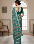 Linen Cotton Saree with Zari Weave Border & Floral Digital Prints