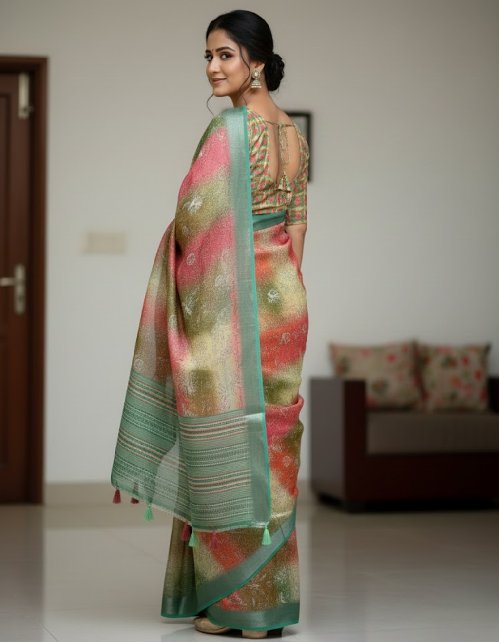 Linen Cotton Saree with Floral Digital Prints