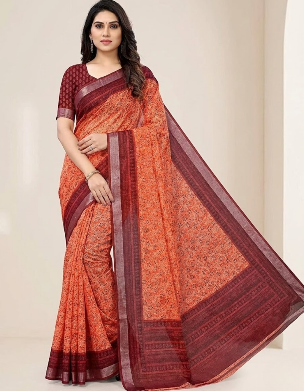 Linen Cotton Saree with Zari Weave Border & Floral Digital Prints