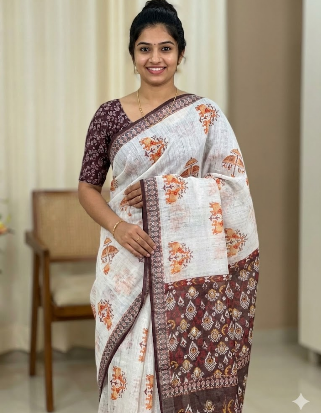 Soft Linen Cotton Saree with Animal Digital Prints & Silver Zari Border