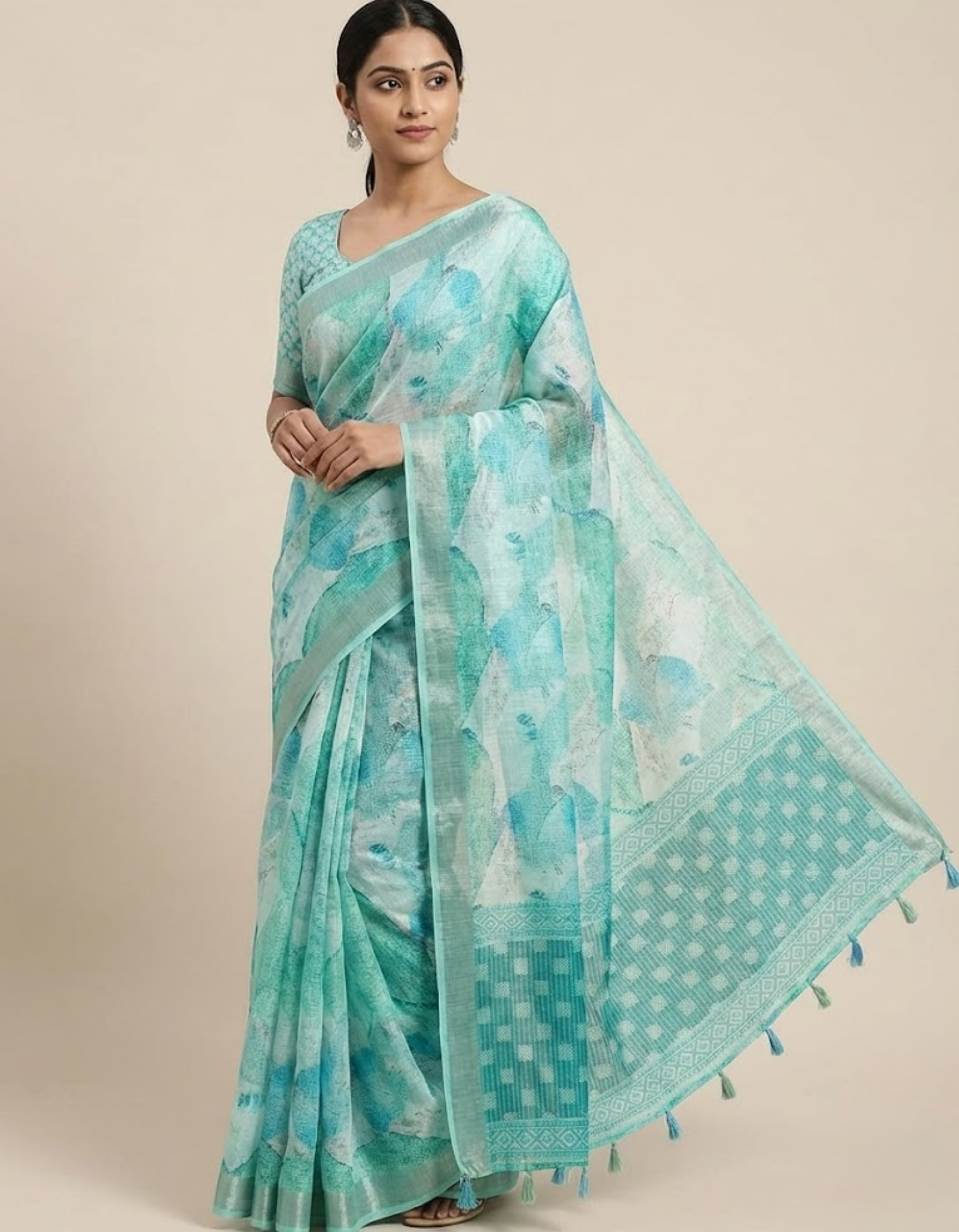 Linen Cotton Saree with Floral Digital Prints