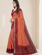 Linen Cotton Saree with Zari Weave Border & Floral Digital Prints