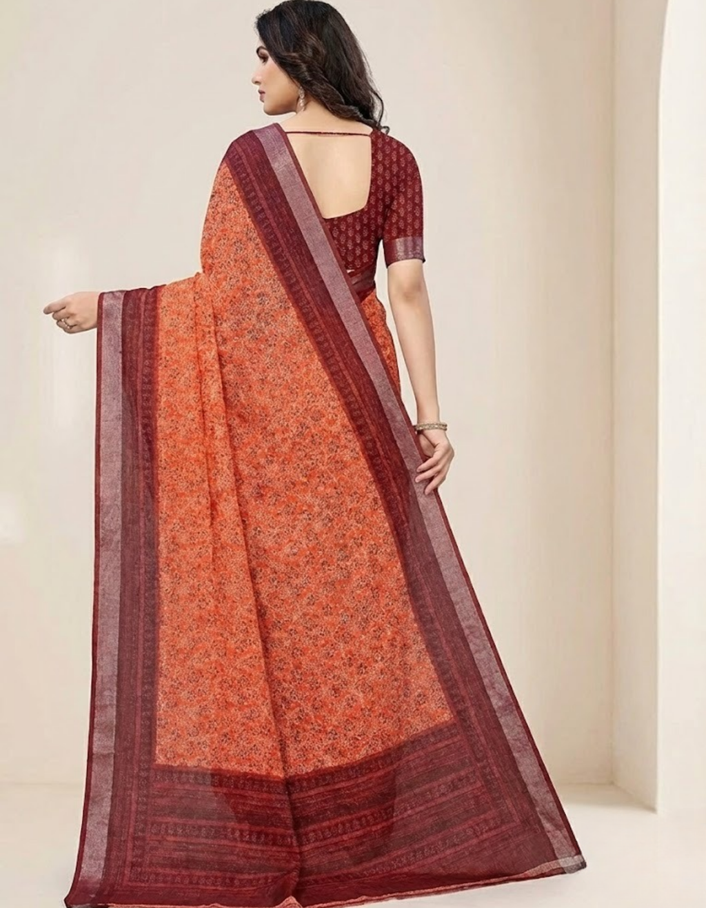 Linen Cotton Saree with Zari Weave Border & Floral Digital Prints
