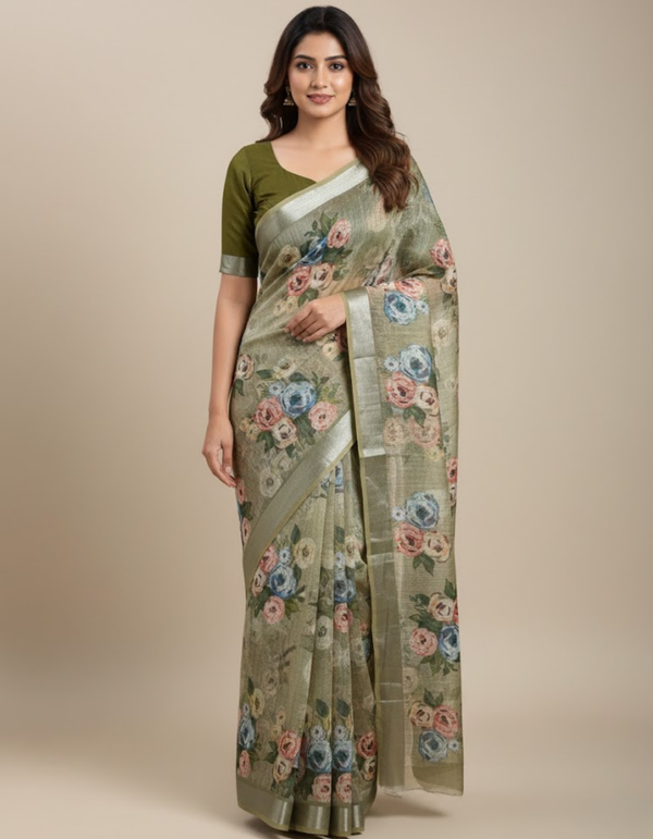 Linen Cotton Saree with Zari Weave Border & Floral Digital Prints
