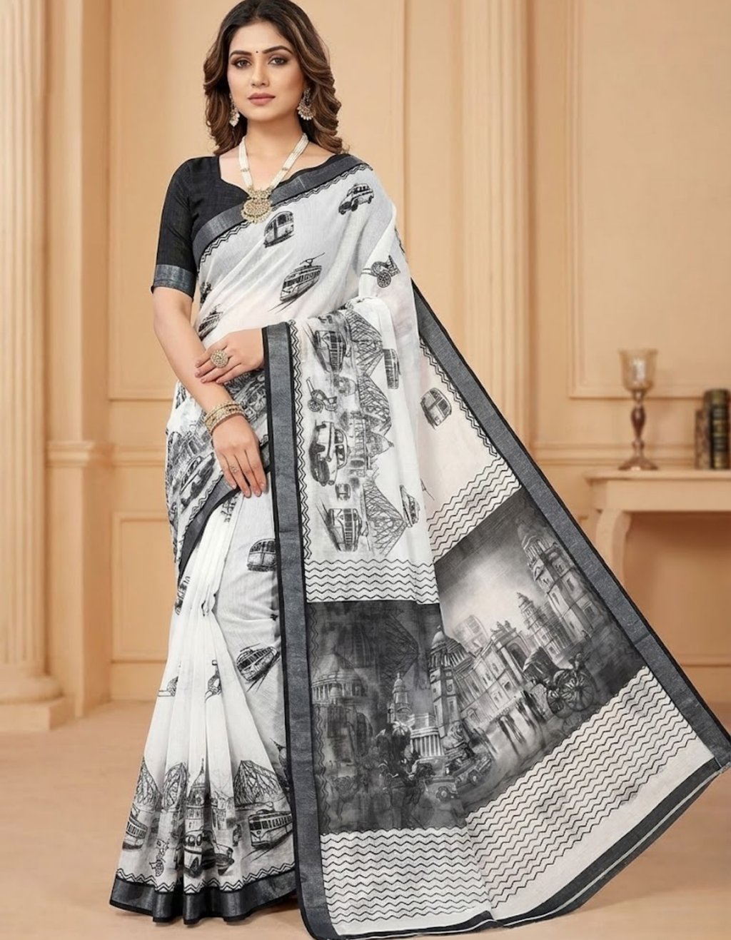Soft Linen Cotton Saree with Sketch Digital Prints & Silver Zari Border