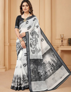 Soft Linen Cotton Saree with Sketch Digital Prints & Silver Zari Border