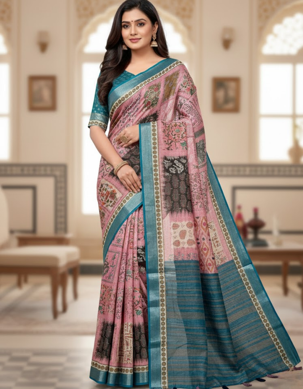 Linen Cotton Saree with Floral Digital Prints