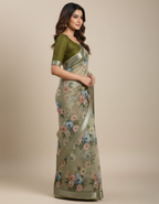Linen Cotton Saree with Zari Weave Border & Floral Digital Prints