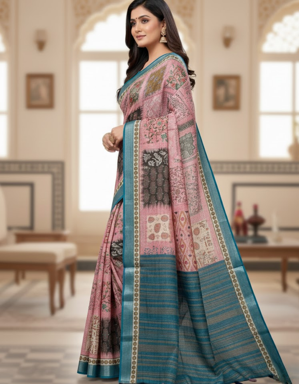 Linen Cotton Saree with Floral Digital Prints