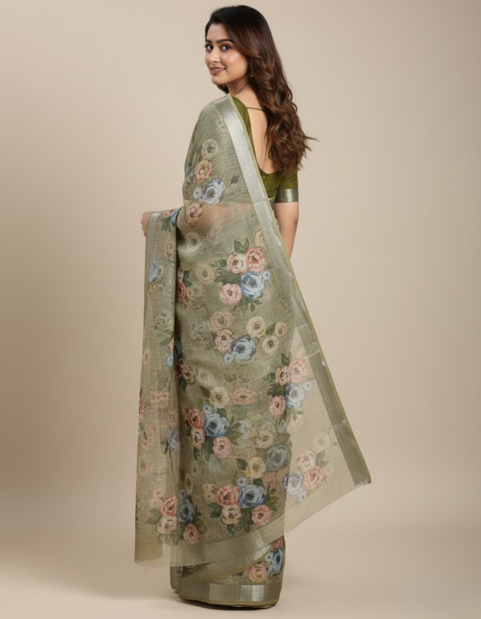 Linen Cotton Saree with Zari Weave Border & Floral Digital Prints