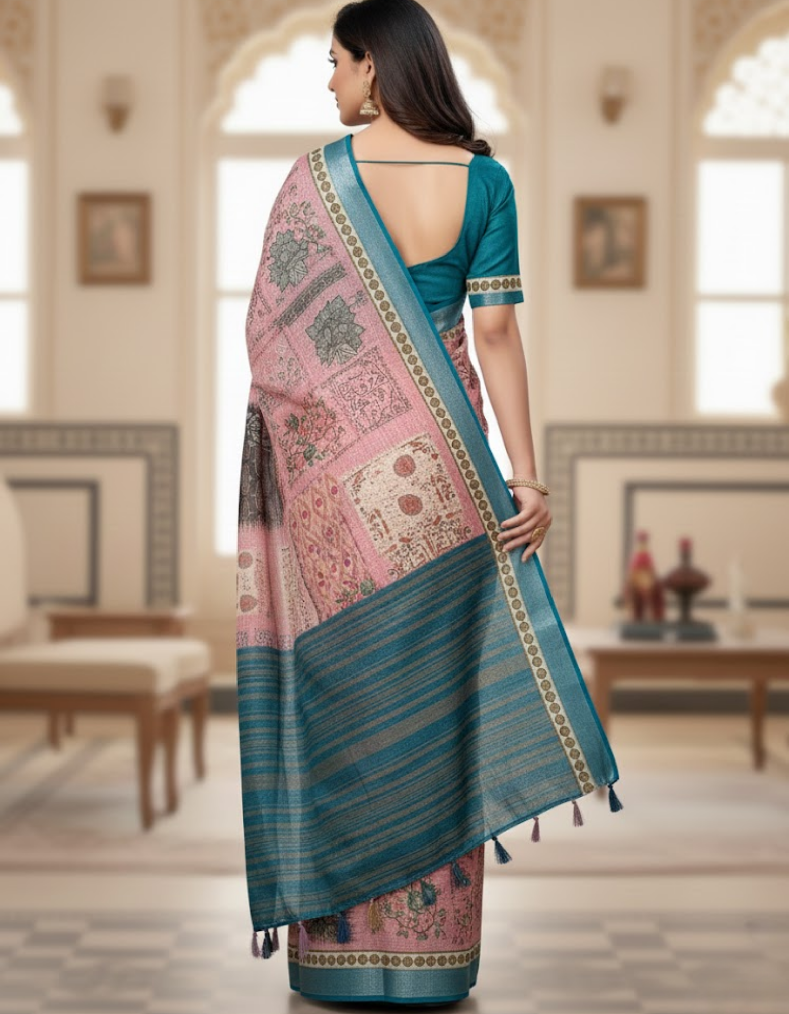 Linen Cotton Saree with Floral Digital Prints