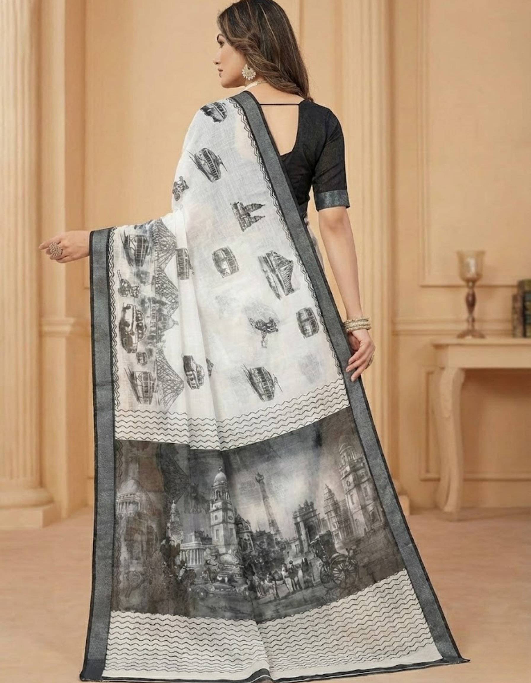 Soft Linen Cotton Saree with Sketch Digital Prints & Silver Zari Border