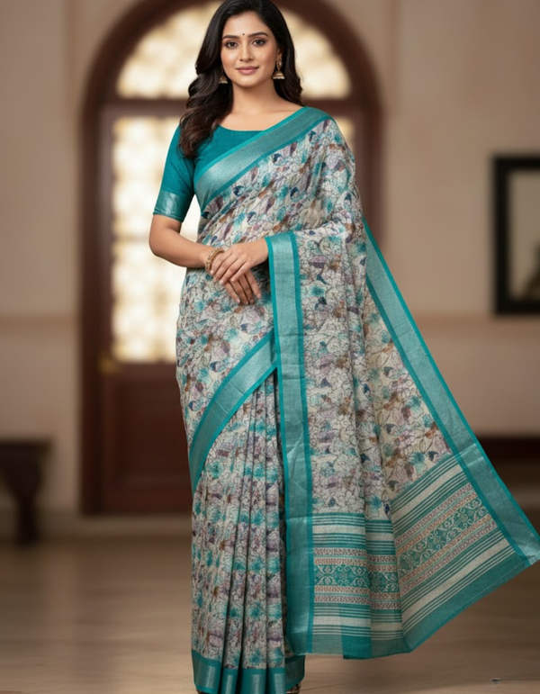 Linen Cotton Saree with Zari Weave Border & Floral Digital Prints