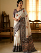 Soft Linen Cotton Saree with Animal Digital Prints & Silver Zari Border