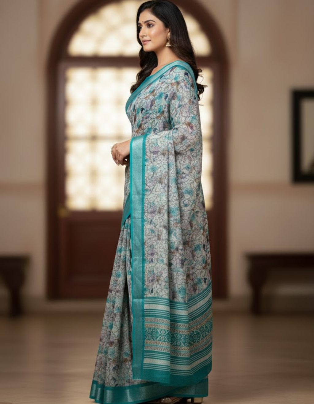 Linen Cotton Saree with Zari Weave Border & Floral Digital Prints