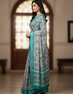 Linen Cotton Saree with Zari Weave Border & Floral Digital Prints