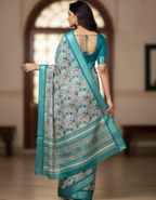 Linen Cotton Saree with Zari Weave Border & Floral Digital Prints