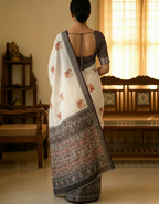 Soft Linen Cotton Saree with Animal Digital Prints & Silver Zari Border