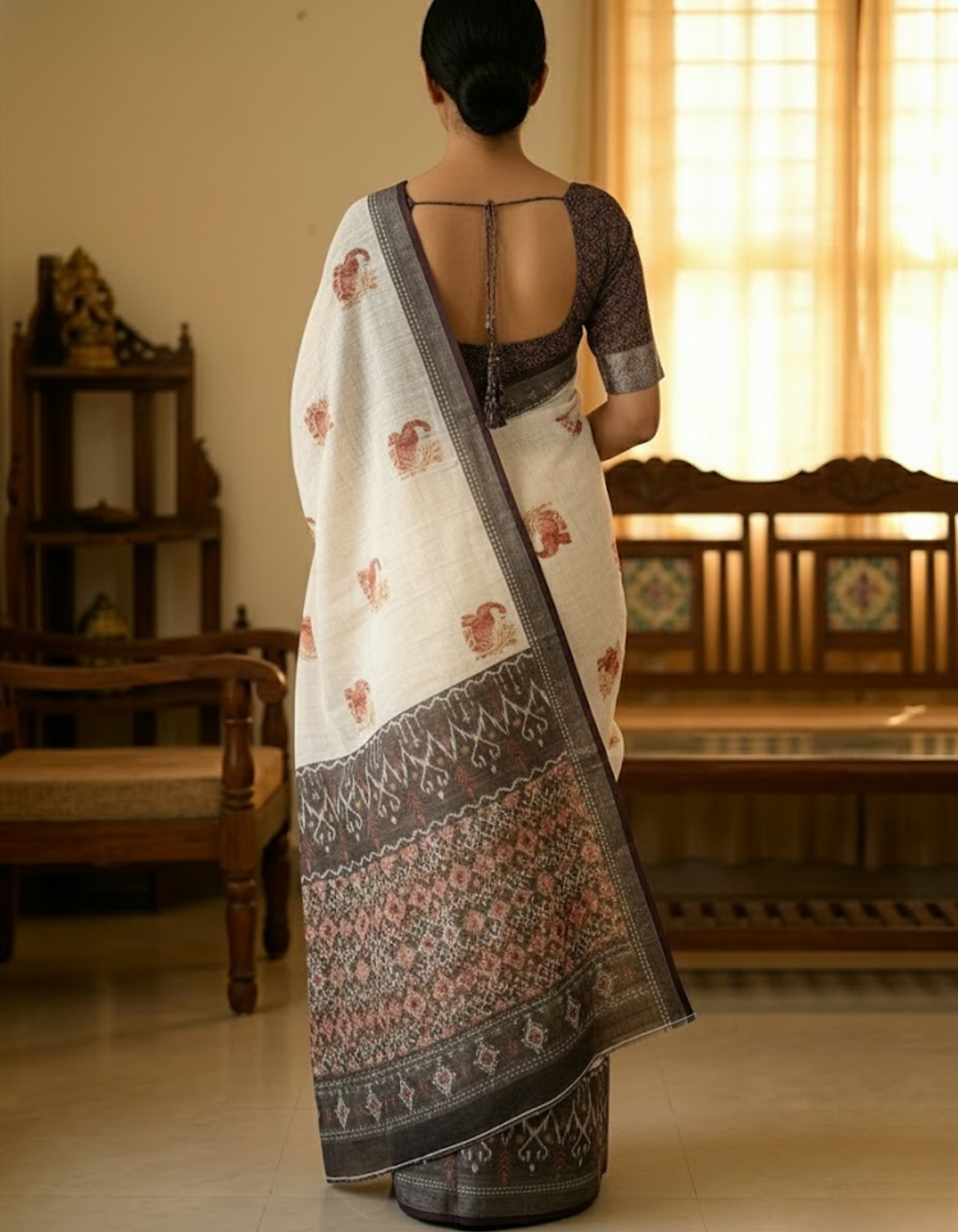 Soft Linen Cotton Saree with Animal Digital Prints & Silver Zari Border