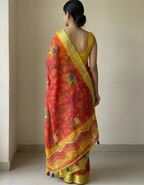 Linen Cotton Saree with Zari Weave Border & Pichwai Kalamkari Digital Prints
