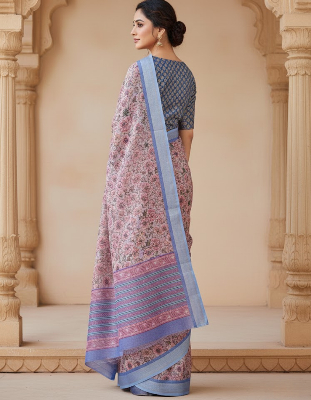 Linen Cotton Saree with Zari Weave Border & Floral Digital Prints