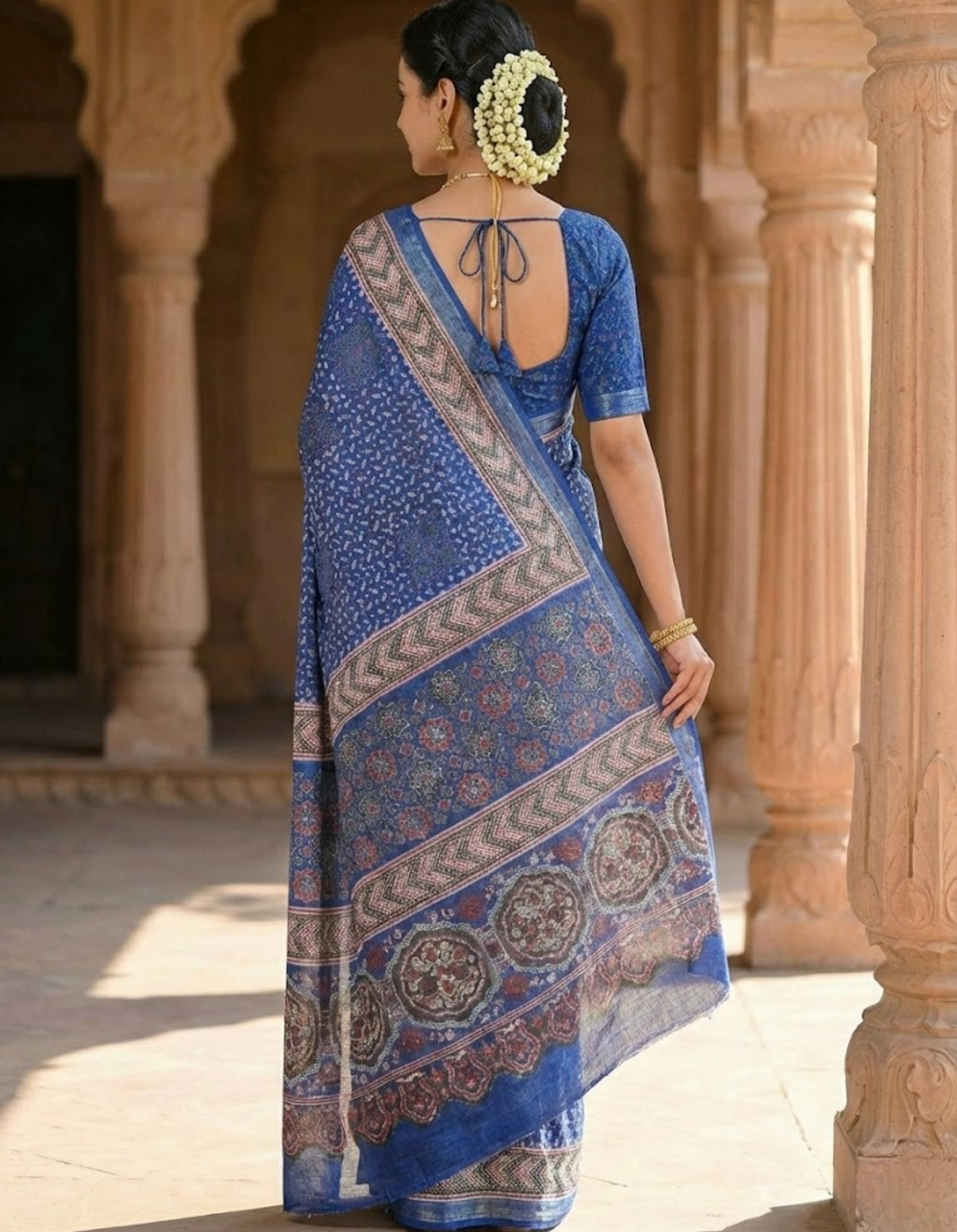 Soft Linen Cotton Saree with Ajrakh Digital Prints & Silver Zari Border
