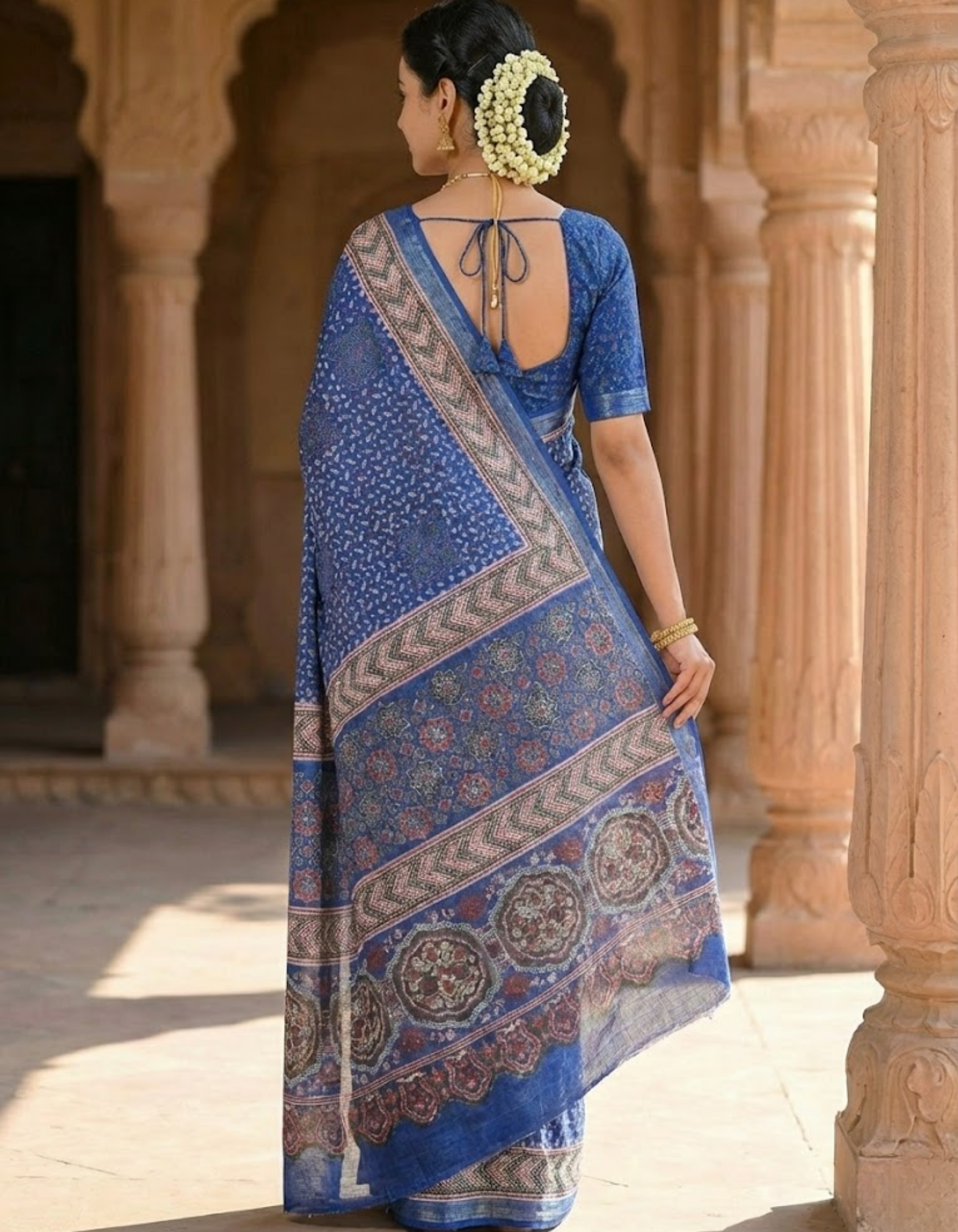 Soft Linen Cotton Saree with Ajrakh Digital Prints & Silver Zari Border