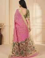 Pink Linen Cotton Saree with Silver Zari Border, Graphic Digital Print Body & Kalamkari Floral Pallu