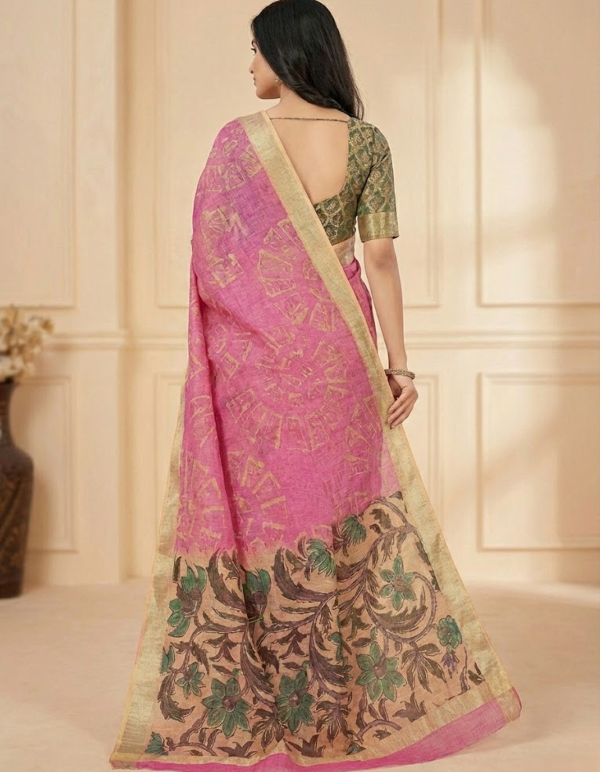 Pink Linen Cotton Saree with Silver Zari Border, Graphic Digital Print Body & Kalamkari Floral Pallu