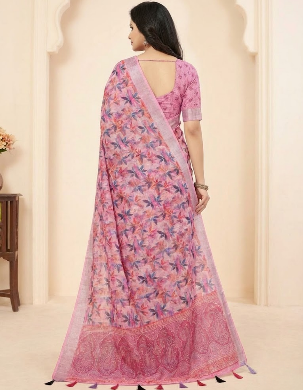 Multicolor Linen Cotton Saree with Floral Digital Prints