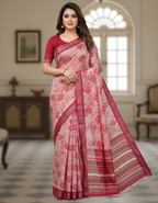 Linen Cotton Saree with Zari Weave Border & Geometric Digital Prints